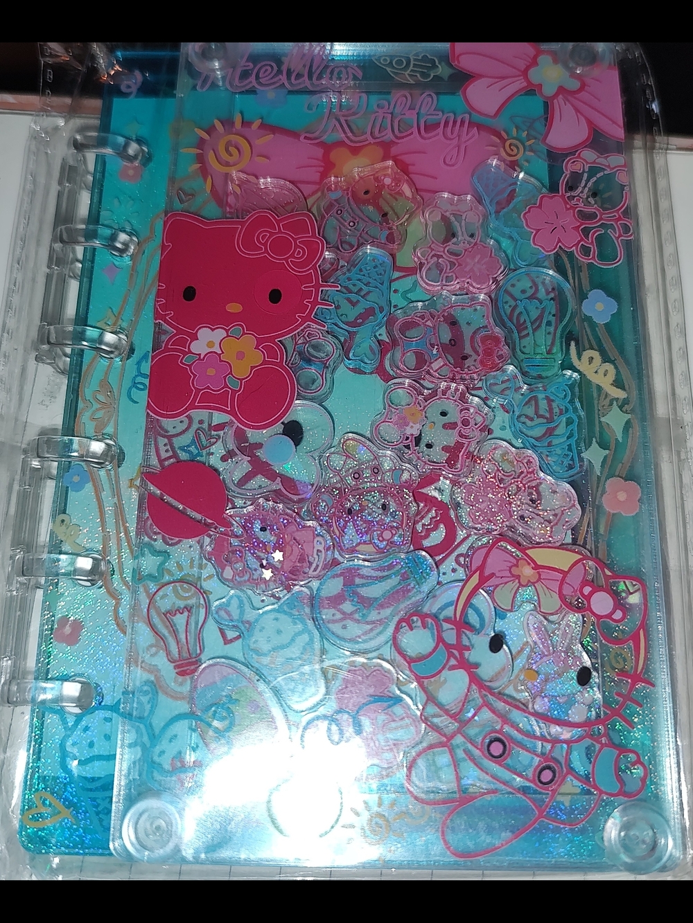 New! Hello Kitty Clear Blue Pink A6 Acrylic Shaker Notebook With Paper.